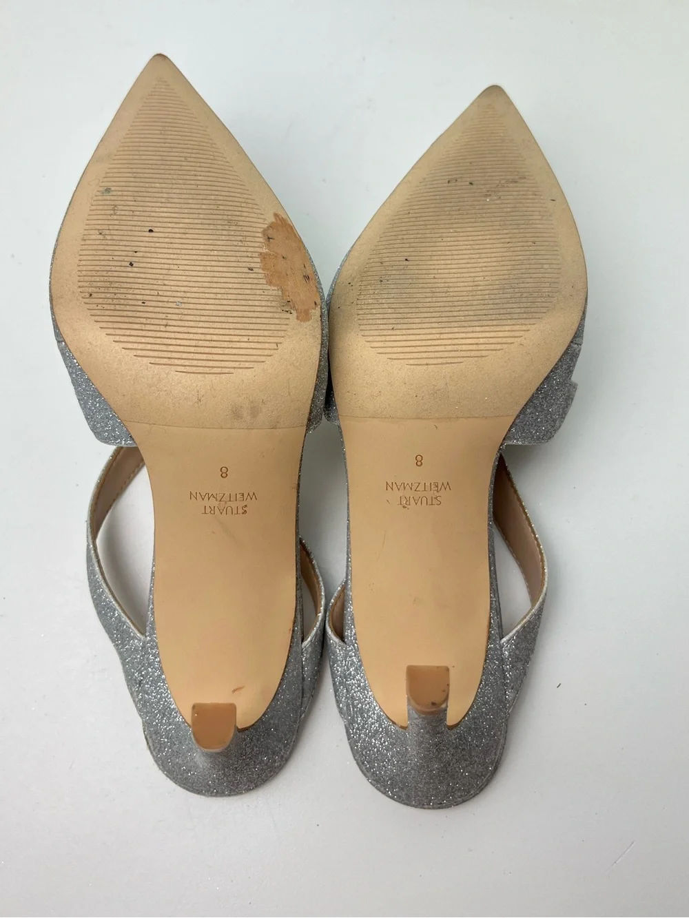 Stuart Weitzman Silver Glitter Crossover Pointed Toe Holiday High Heel Mule